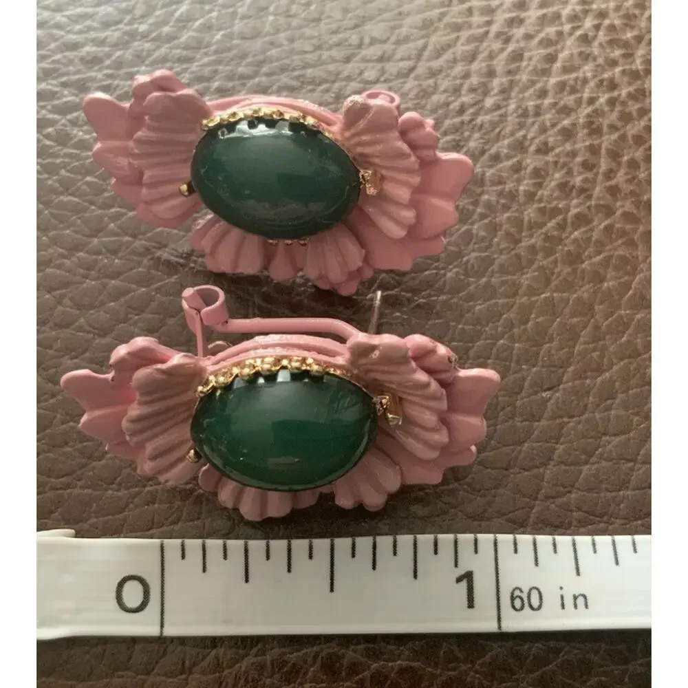 Art Deco Museum Flower Earrings Antique Pink Half Stud Boho VTG Retro Gold Pink